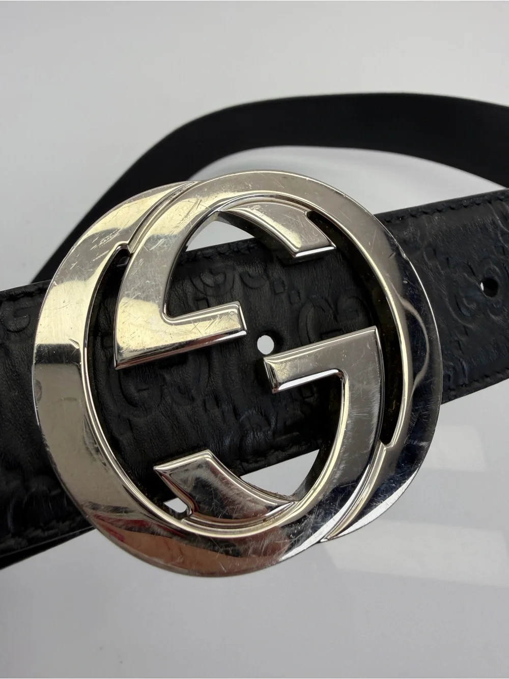 Authentic Gucci Guccissima Black Mens Leather Belt Gg Interlocking 90/36 411924